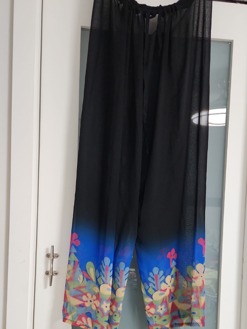 Black Sheer Palazzo Pants with Blue Floral Hem